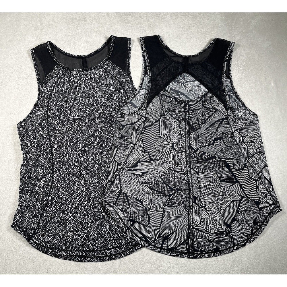 *Two-Lululemon Sculpt Workout‎ Tanks Top Dottie Tribe White Black Size 6 *EUC